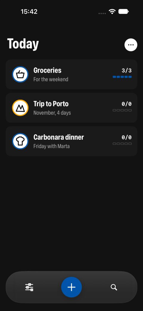 The Tasks home screen in dark mode. The icon discs stay white.
