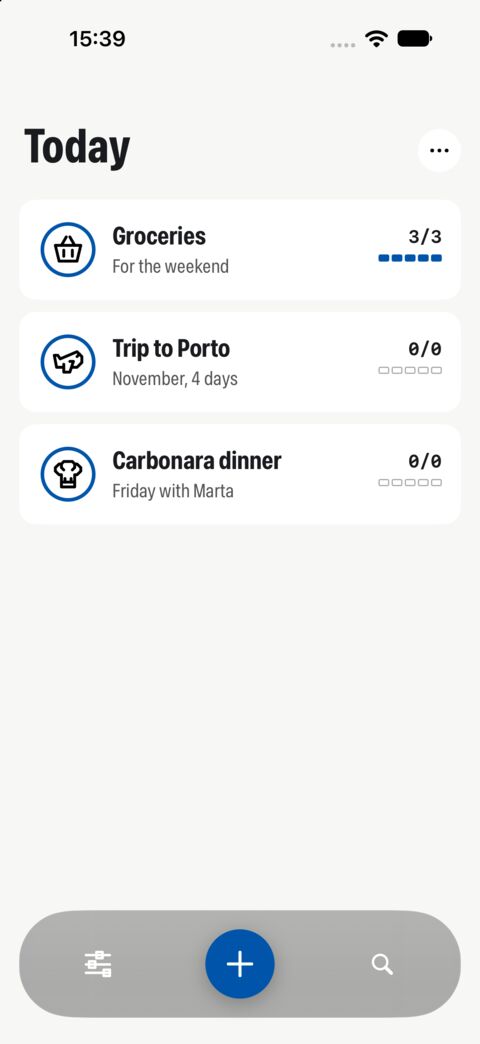 The Tasks home screen on iPhone: Groceries, Trip to Porto and Carbonara dinner, each with its icon on a white disc.
