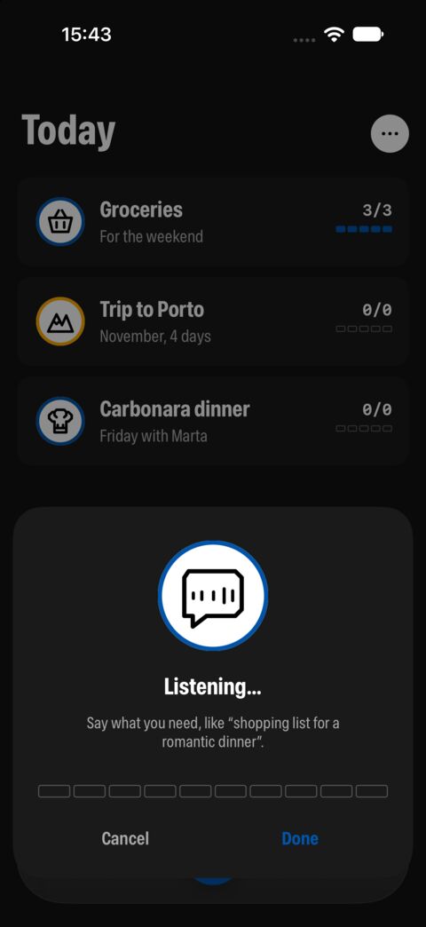 Tasks listening on the iPhone: “Say what you need, like ‘shopping list for a romantic dinner’.”