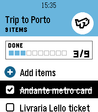 Tasks on a Pebble Time 2: the Trip to Porto list, 3 of 9 done, with Andante metro card checked off.