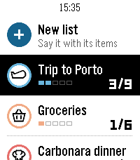 Pebble Time 2 showing the lists: New list, Trip to Porto 3/9, Groceries 1/6, Carbonara dinner.