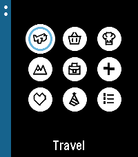Choosing an icon on the watch: nine icons on white discs, Travel selected.