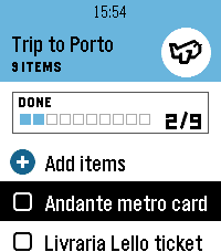 The Trip to Porto list on the watch, with its 9 items.