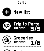 Pebble 2 Duo showing the lists in black and white.