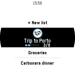 Pebble Round 2 showing the lists, with Trip to Porto centred and its icon above the title.